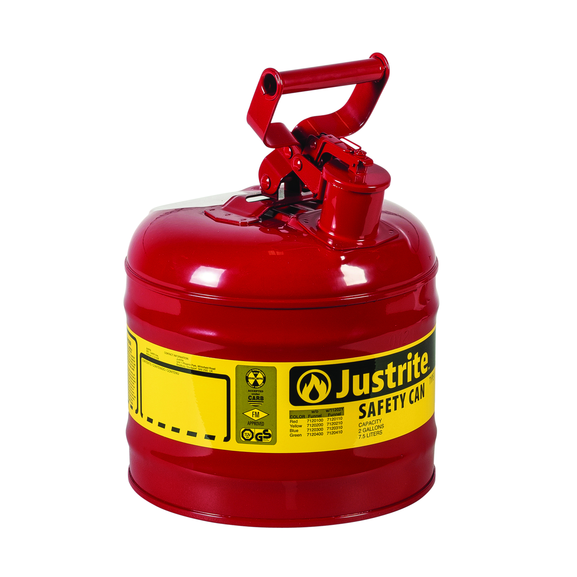 Justrite Type I Steel Safety Can for Flammables — 2 Gal., Flame Arrester, Red, Model# 7120100